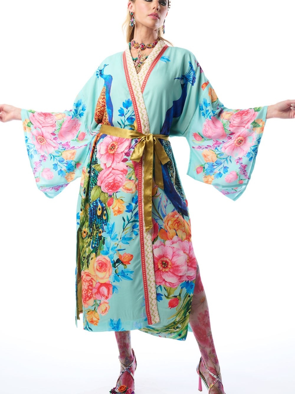 Aratta Aqua Blossom Fantasy Kimono Robe with Gold Tie